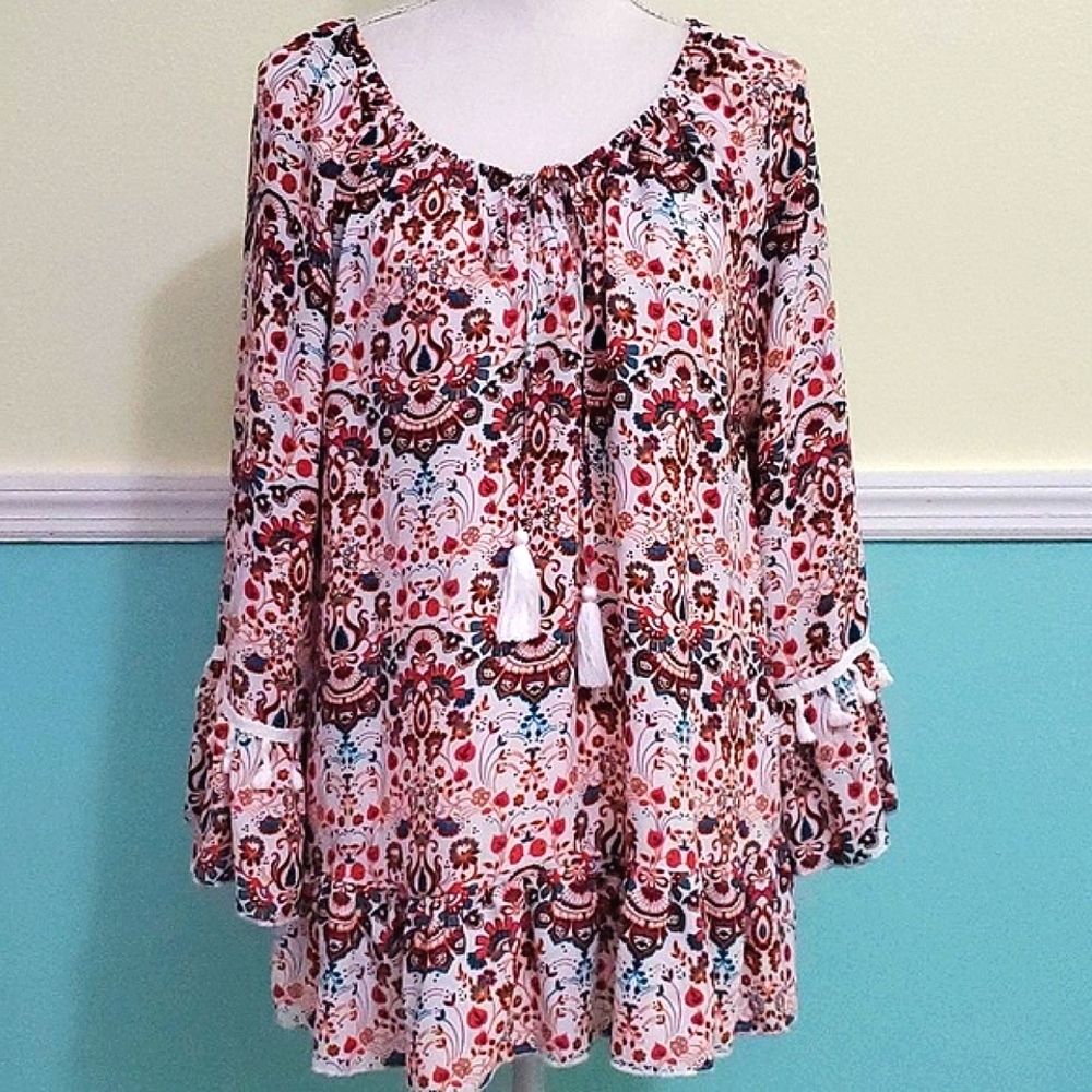 New Directions Burgundy Floral Ruffled Tasseled Long Waist Boho Peasant Top L